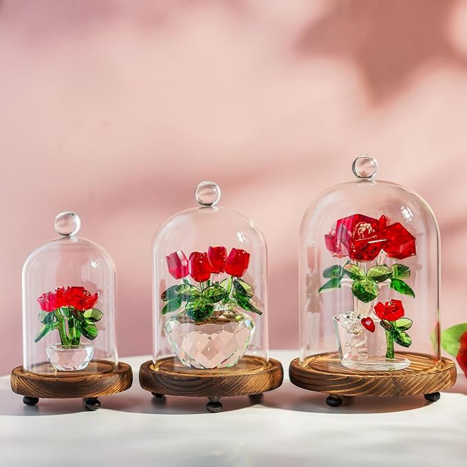 Set of 3 Decorative Glass Cloche Bell Jars with Wooden Bases, Assorted Sizes for Table Centerpieces, Seasonal Decorations and Home Accents