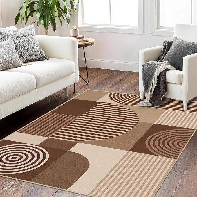 Brown Geometric Area Rug 4x6 for Living Room Rug Machine Washable Minimalist Line Mid Century Modern Rugs Non Slip Low Pile Indoor Floor Carpet for Bedroom Dining Room Laundry Office,Brown