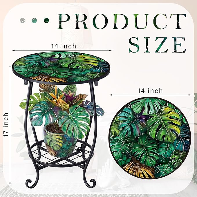 Cinnvoice Outdoor Side Table Round Small Mosaic Patio Accent Indoor End Plant Coffee Tea Table for Yard Patio Porch Garden Living Room, Bedroom (Monster Leaf Style,14 Inch)