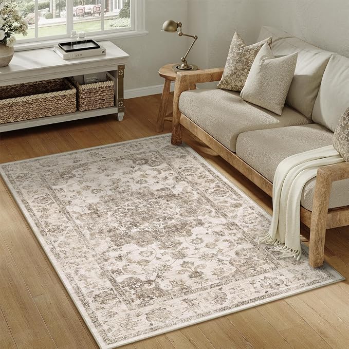 3x5 Brown Neutral Area Rug | Washable, Non Slip, Soft Low Pile, Vintage Farmhouse, for Entryway Kitchen Bathroom Living Room Bedroom Indoor Home Decor