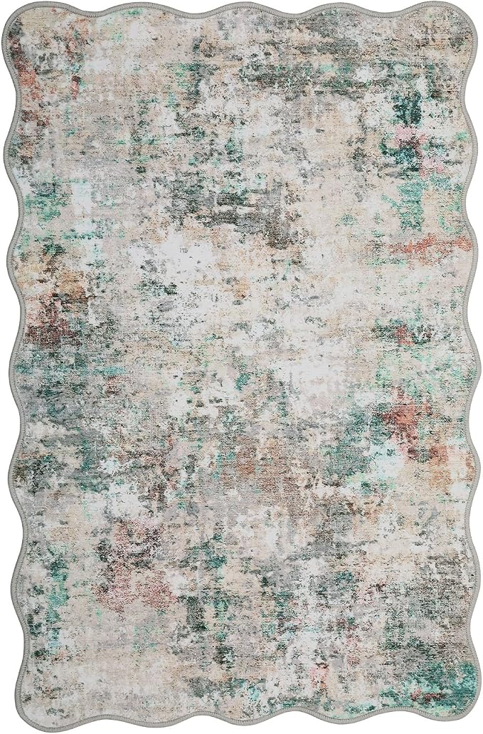 ROYHOME Modern Abstract 2x3 Scalloped Area Rug, Colorful | Non Slip Non Shedding Low Pile Stain Resistant Rug for Entryway Kitchen Bedroom