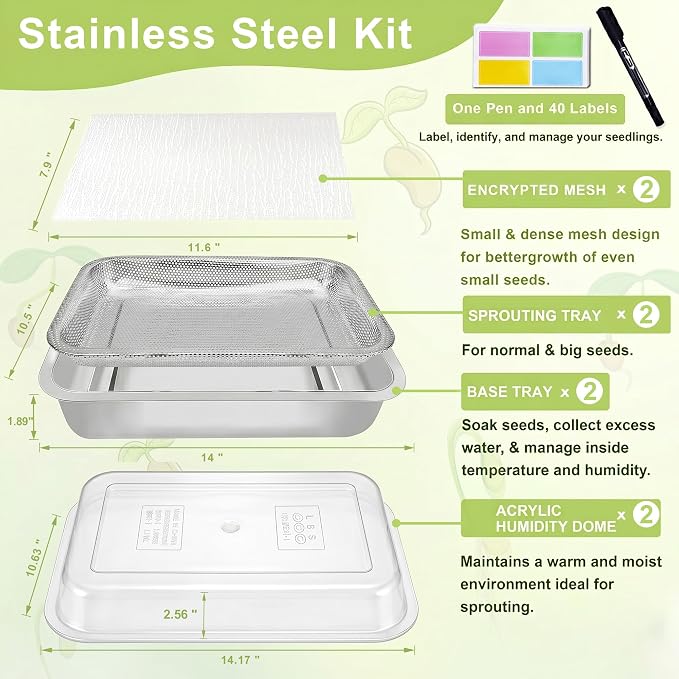 Stainless Steel Sprouts Growing Kit 2-Tier 14 inch Trays with Acrylic lid, Microgreens Growing Kit, Seed Sprouting Tray with Encrypted Mesh and lid Sprouts for Beans