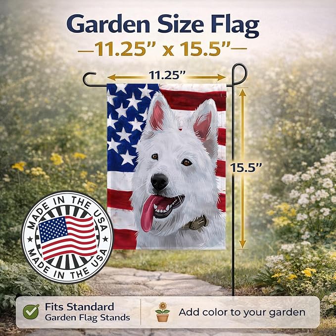 Caroline's Treasures CK6431GF Berger Blanc Suisse American Flag Garden Flag Mailbox Flag Decorative Yard Flag Banner Outside Patio Artwork Yard Flower Beds, Garden Size, Multicolor