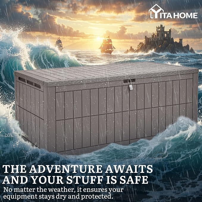 YITAHOME 200 Gallon Large Outdoor Storage Box XL Resin Deck Box with Lock | Waterproof Patio Furniture Bin and 3-Person Bench Seating for Garden Tools & Pool Accessories, Light Brown