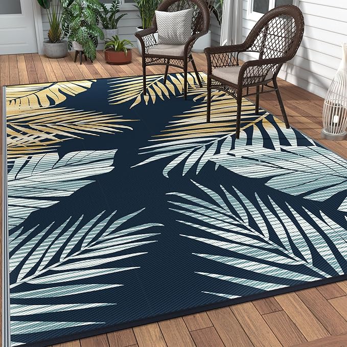 GENIMO Outdoor Rug 6' x 9' Waterproof for Patios Clearance, Reversible Outdoor Plastic Straw Camping Rug Carpet, Large Area Rugs Mats for RV, Camper, Deck, Balcony, Porch, Beach, Picnic, Yellow&Blue