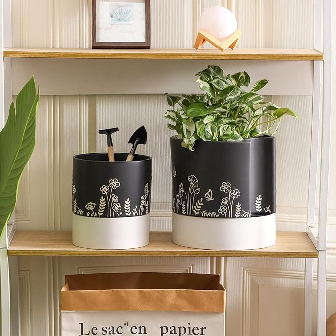 Nihow Self Watering Pots for Indoor Plants,8 Inch,Black Hand Painting | Ceramic Planter, Drainage Hole & Water Storage Plus, Cylinder Round Flower Pot, For Succulent/Herbs/Violets