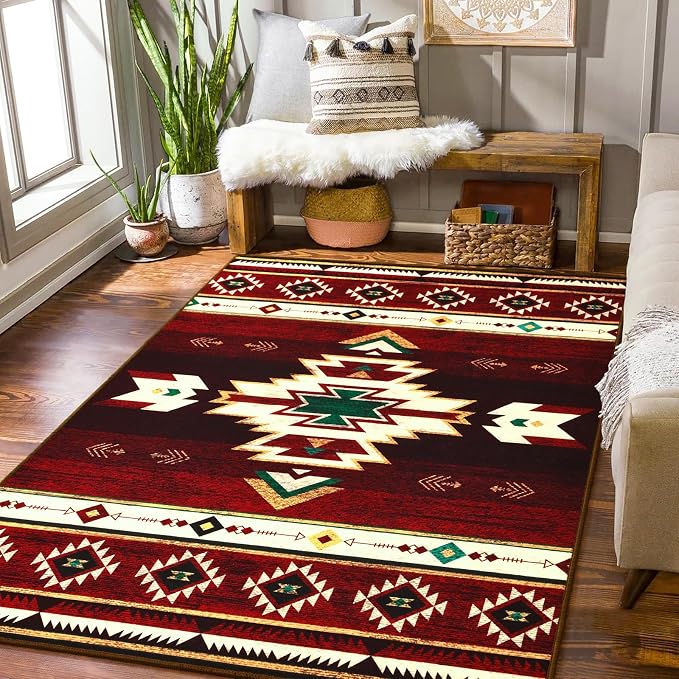 BENRON Western Rugs for Living Room Bedroom 3x5, Non Slip Washable, Red | Southwest aztec Throw Area Rugs for Dining Table Kitchen Home Decor