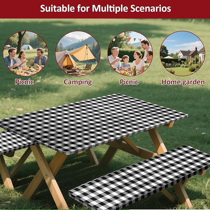 6ft Picnic Table and Bench Cover, Camping Essentials RV Gear, 72in Waterproof Windproof Outdoor Elastic All Around Tablecloth, Fitted Rectangle Tables and Seats, Black-White Checkered