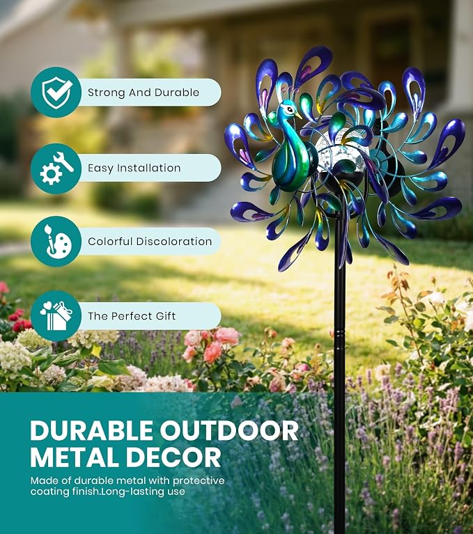 Peacock Wind Spinner Metal Kinetic Turquoise Green Garden Yard Art | Hand-Crafted, Shimmering turquoise metal peacock sculpture, Auto-glow solar crackle ball, Stable 5-prong stake