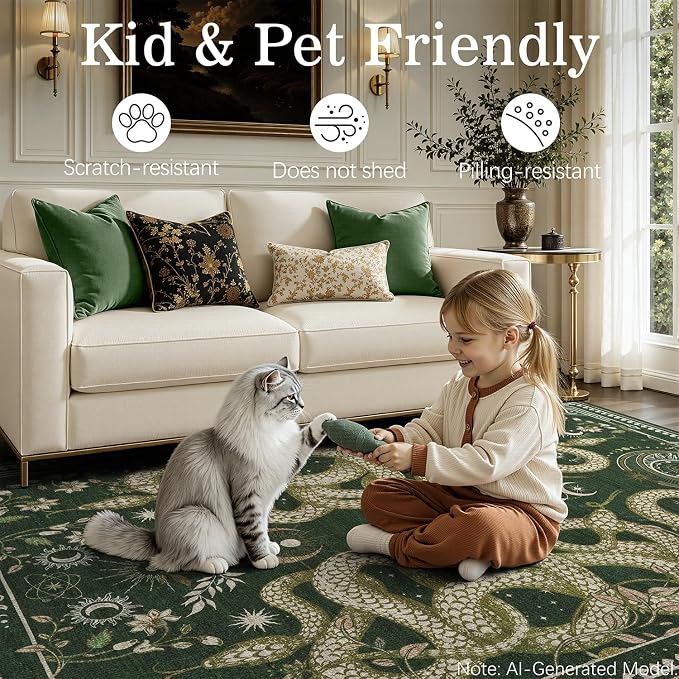 DCX 8x10 Washable Snake Rug for Living Room, Non Slip Low Pile Rug, Dark Green