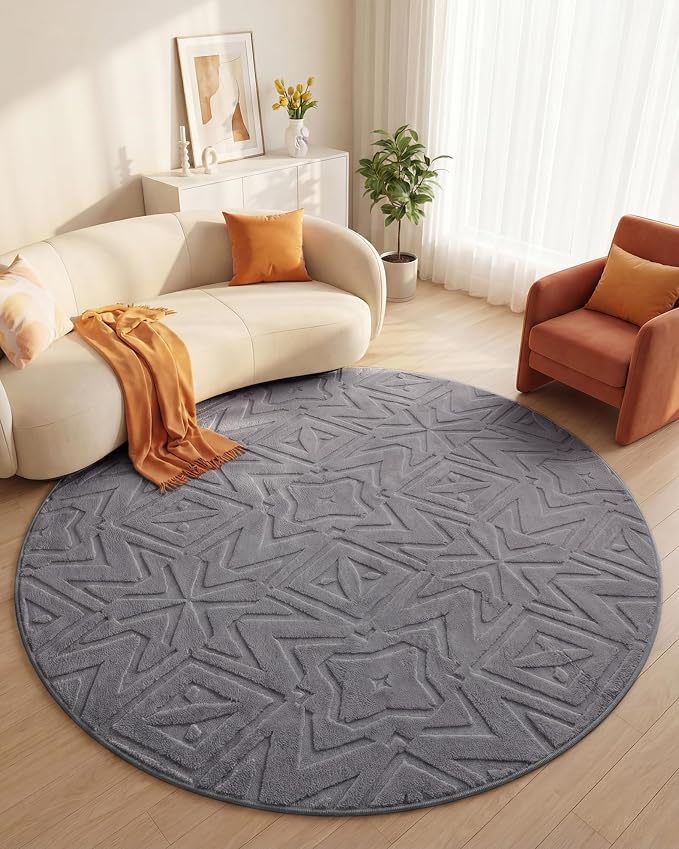 Carvapet Washable 6.5' Round Rug High Low Pile Area Carpet | Soft plush non-slip indoor floor rug, ideal for living room, bedroom, home and kids nursery decor