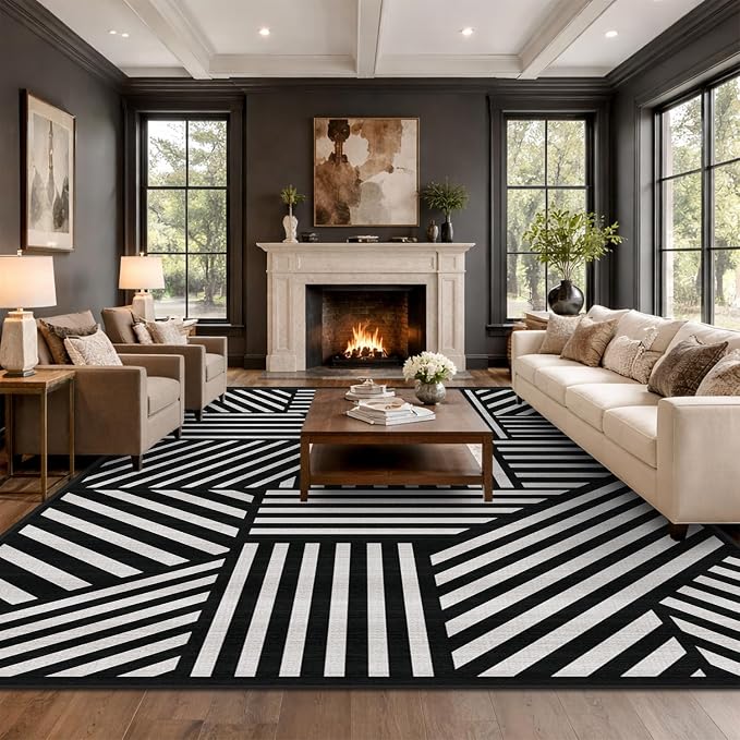 8x10 Black and White Geometric Stripe Area Rug for Living Room Bedroom Abstract Modern Large Rug Machine Washable Non-Slip Carpet for Dining Room Office