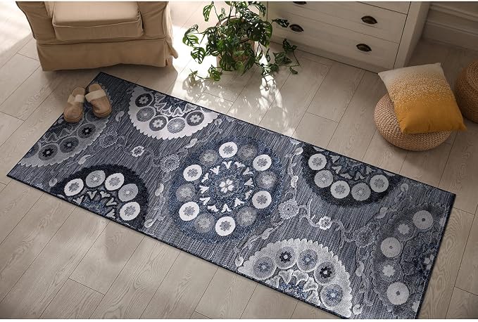 CAMILSON Runner Outdoor Rugs Oriental Retro Traditional Floral Medallion Area Rug 2x10 Non-Shedding Stain Resistant Indoor Carpet for Bathroom Hallway Kitchen Office (2 x 10 / Navy Blue)