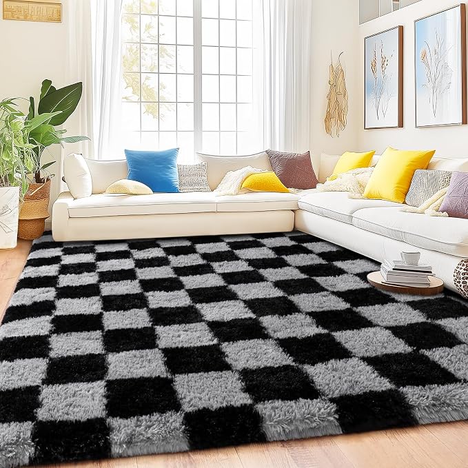 Checkered Rugs for Bedroom, 4x6 Black and Grey Ultra Fluffy Fuzzy Shag Area Rug for Living Room, Modern Plush Soft Upgrade Non-Slip Carpet for Kids Girls and Boys Room Dorm Nursery Home Decor