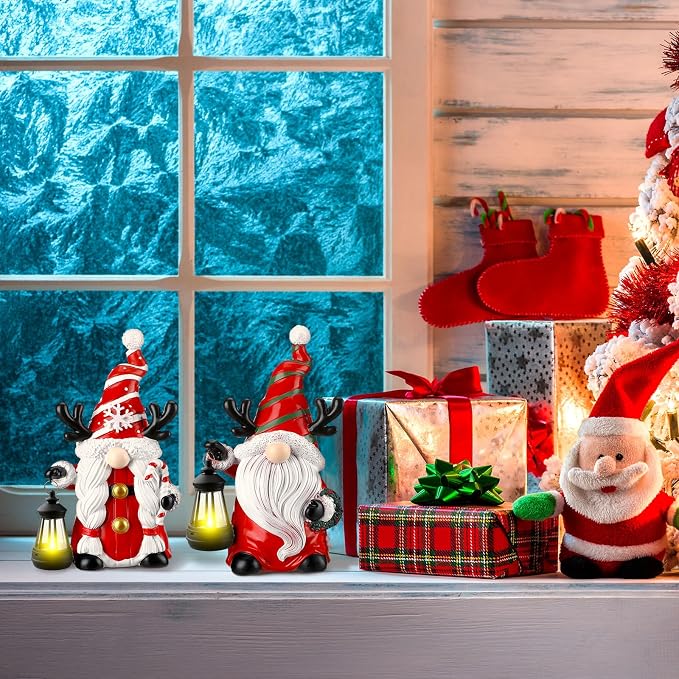 Suzile 2 Pack 9.4 Inch Gnome Statue Christmas Garden Decor with Solar Lights Resin Outdoor Christmas Decoration Figurine with LED Lantern Outside for Courtyard Lawn Patio Porch Housewarming Gift