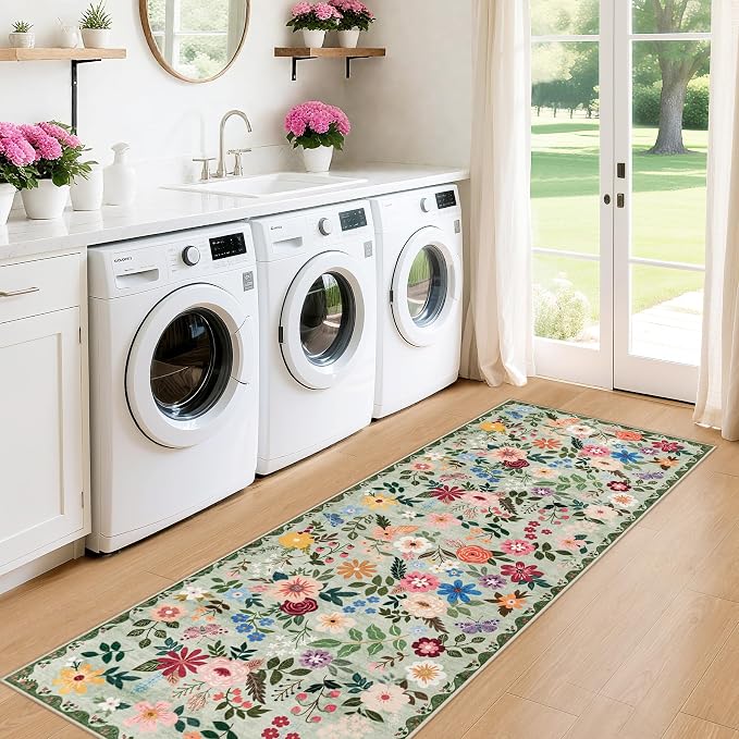 PLHXFR 2x5 Washable Runner Rug：Floral Indoor Kitchen Soft Carpet Green | For Hallway Bedroom Kitchen Laundry Bathroom Dorm,Vintage Floral,Machine washable,Non Slip,Stain Resistant,Indoor Floor