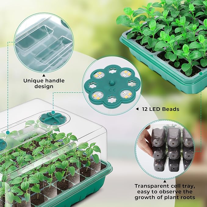 Hanaoyo 96 Cells Seed Starter Tray with Lights, 2 Packs Seed Starter Kit with Humidity Vented Domes and High Lid, Adjustable Brightness Germination Kit for Indoor Greenhouse Seed Starter
