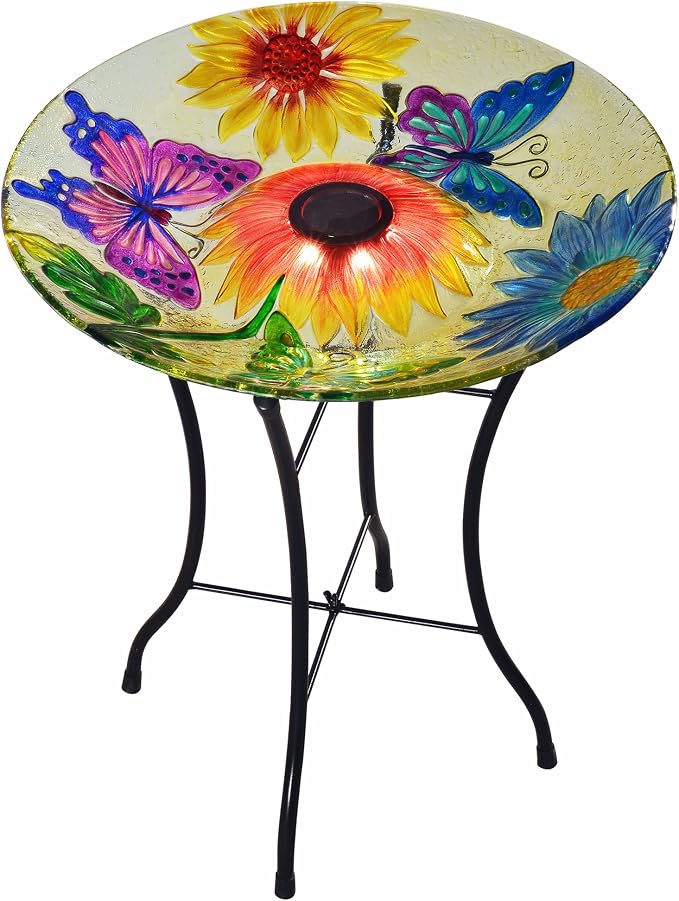 Teamson Home Handpainted Butterfly Fusion Glass Solar Birdbath Bowl Feeder with LED Light for Outdoor Patio Garden Backyard Decking, 21 Inch Height, Yellow | Bowl Feeder with LED Light, Outdoor Patio Garden Backyard Decking, 21 Inch Height
