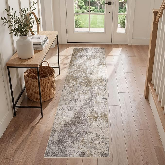 Nakagishi 2x6 Abstract Washable Area Rugs for Entryway-Brown Grey | Modern Non-Slip Silicone Backing Low Pile Soft Carpet for Bedroom Dining Decor for Families with Kids and Pets