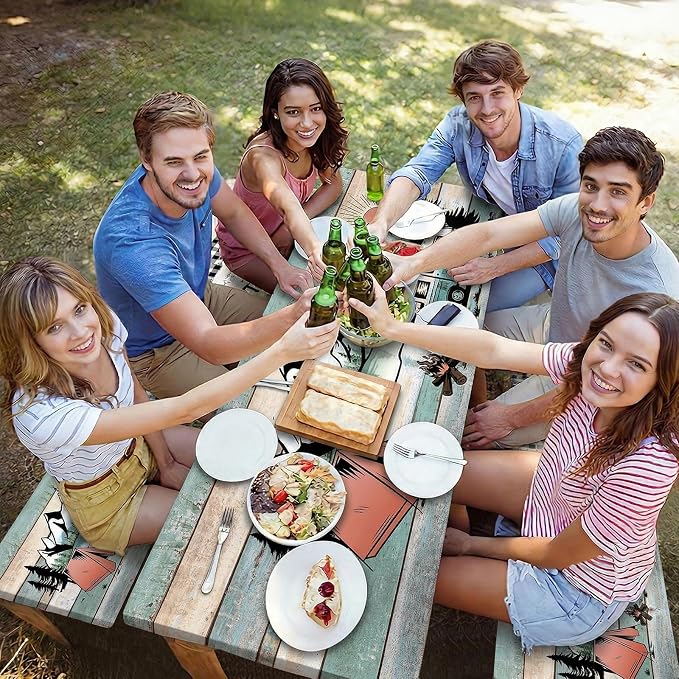Picnic Table Cover with Bench Covers Elastic Edges Outdoor Camping Essentials 4 Pcs Scenery Waterproof Oil-Proof Tablecloth with Handbag for RV Accessories Farmhouse Camping Rustic Party Decor 72 IN