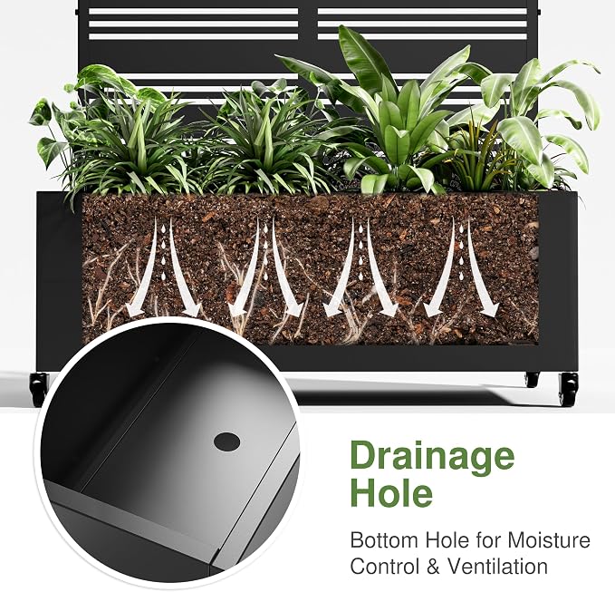 Casaphoria Metal Raised Garden Bed with Trellis and Wheels, 72"x47"x16" Planter Box for Climbing Plants, Vegetables & Vines, Features Drainage Holes and Privacy Screen (Black-Harold)