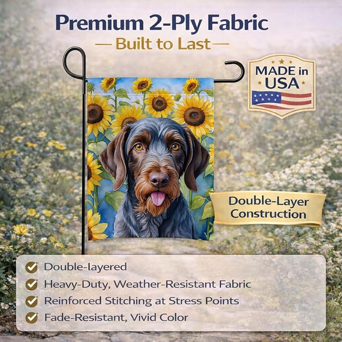 Caroline's Treasures DAC6086GF German Wirehaired Pointer in Sunflowers Garden Flag Mailbox Flag Decorative Yard Flag Banner Outside Patio Artwork Yard Flower Beds, Garden Size, Multicolor