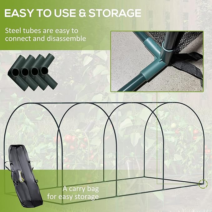 Outsunny 9' x 4' Crop Cage, Plant Protection Tent with Three Zippered Doors, Steel Frame, Storage Bag and 4 Ground Stakes, for Garden, Yard, Lawn, Black