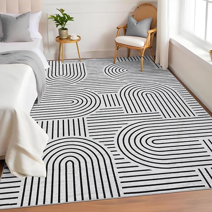 ROYHOME Modern Washable Rug Rainbow 4x6 Area Rugs for Living Room Non Slip | Abstract Rug for Bedroom, Throw Rugs with Rubber Back, Low Pile Stain Resistant Geometric Carpet for Playroom Dorm BlackWhite