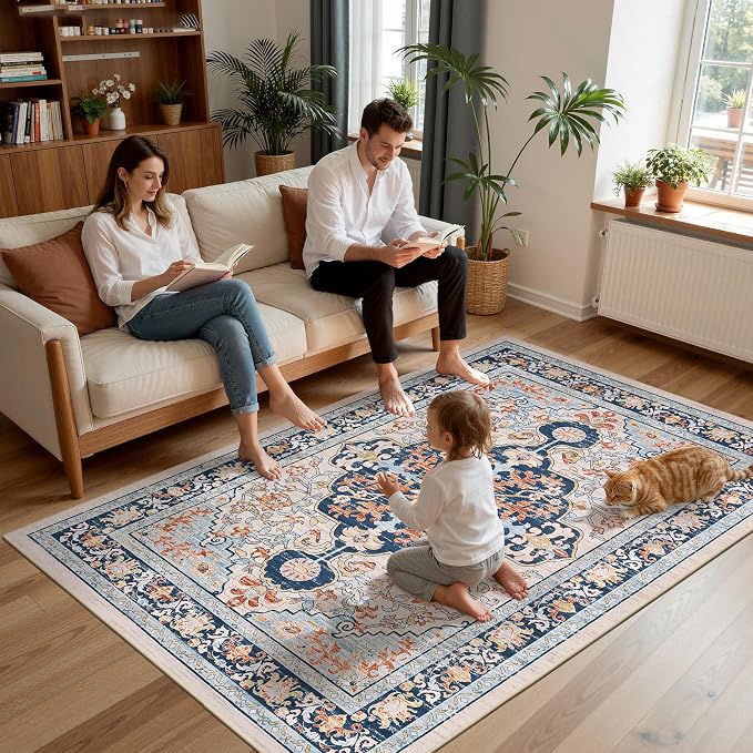 U'Artlines Boho Vintage Area Rug 5x7 Machine Washable Carpet, Orange Blue | Low Pile, Non Slip, Ultra-Thin Soft Floor Carpet, Accent Rug for Living Room Bedroom Entryway Dining Room Office