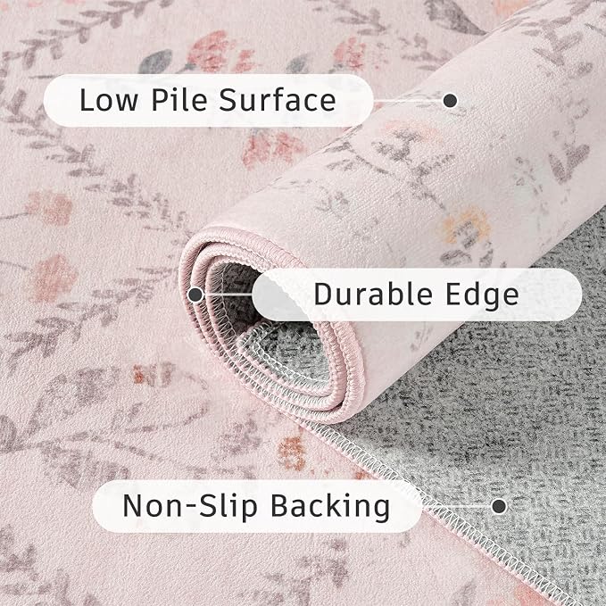 DCX Washable 8x10 Pink Floral Rug for Girls Bedroom | Soft Cottagecore Rug for Baby Girl Nursery, Non Slip Low Pile, Kid & Pet Friendly Vintage Botanical Carpet