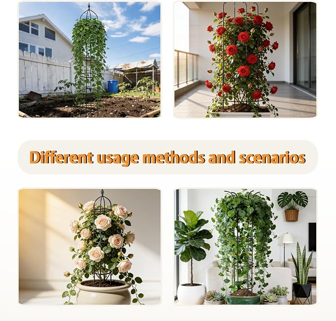 1 Pack Garden Obelisk Trellis for Climbing Plants Outdoor, 6FT Adjustable Metal Plant Support with 3 Decorative Tops, Black Rustproof Trellis for Roses, Tomatoes, Clematis & Vines