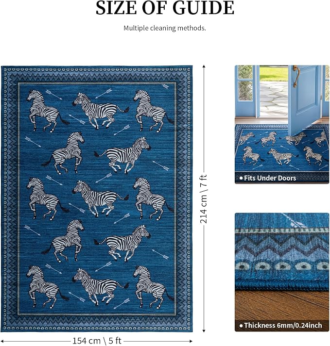 YIHOUSE Blue Zebra Area Rugs 5×7, Washable Animal Print Rug with Southwestern Border, Non-Slip Low Pile Mid-Century Modern Carpet for Living Room, Bedroom, Dining Room