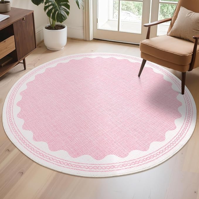 6ft Scalloped Round Rug Pink Washable Living Room Bedroom Area Rugs | Small Solid Rug for Bedroom Girls, Non Slip Scalloped Round Bath Mat, Soft Dorm Nursery Carpet for Bedside