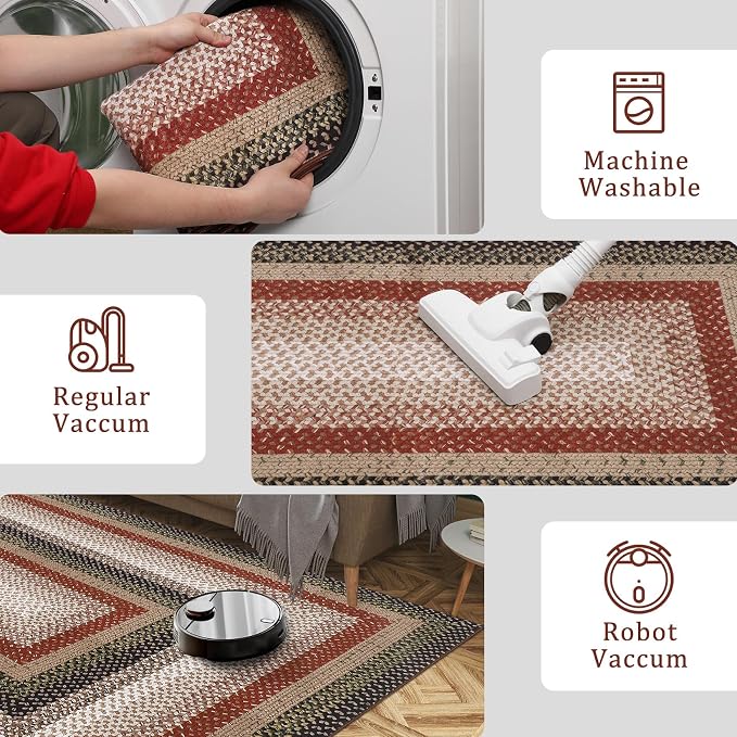 RUGSREAL Washable 2x10 Long Hallway Runner Rugs Braided Print Rug Non Slip | Farmhouse Kitchen Carpet Low Pile Rustic Accent Area Rugs for Living Room Bedroom Bathroom, Crimson/Earthy