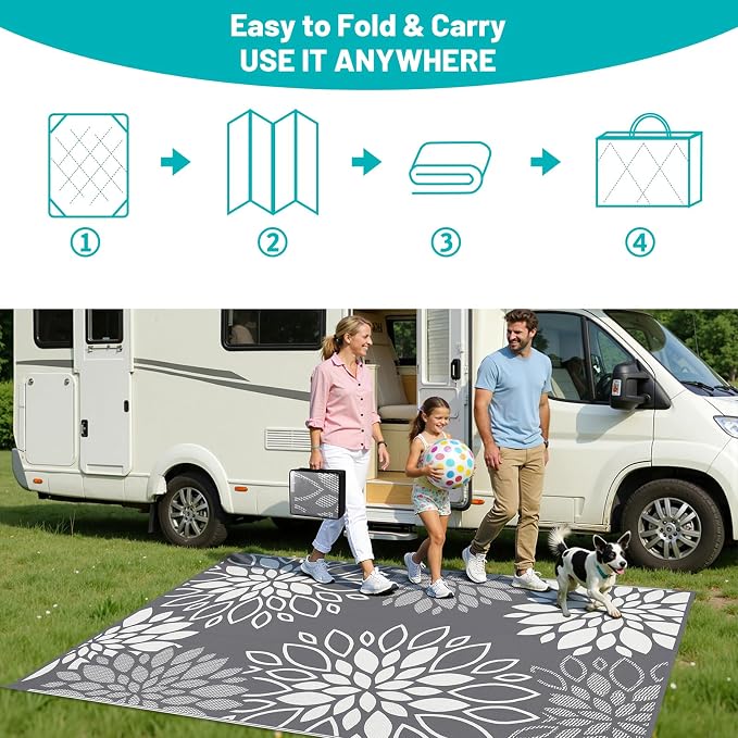 HEBE Waterproof Outdoor Rug 5x8 for Patios, Floral Reversible Plastic Straw Rug Patio Mat, Indoor Outdoor Carpet RV Mat Camping Rug for Deck, Camper, Porch, Balcony, Backyard, Picnic