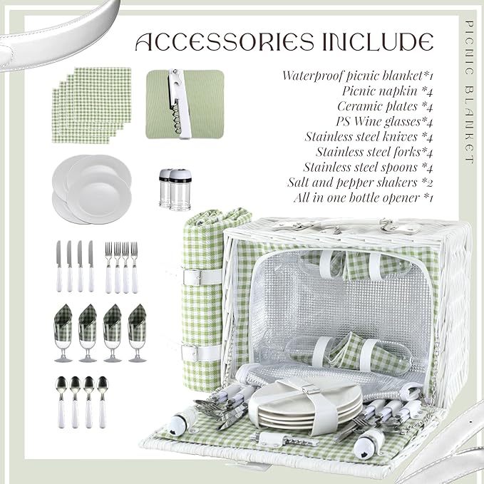 Picnic Basket Set for 4 with Waterproof Blanket Mat Insulation Bag Wicker White Green Plaid Classic Fresh Gift for Christmas Thanksgiving Wedding Birthday Camp Outdoor Beach Travel