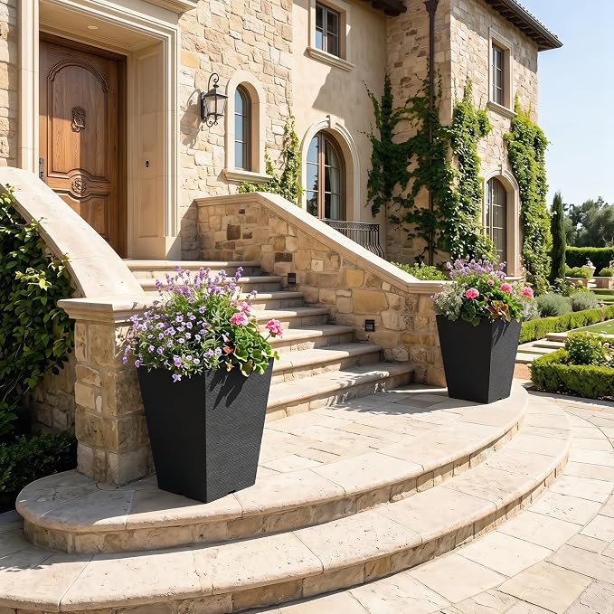 Giantex Square Taper Planter Set of 2, 10"x10"x14" Self-Watering Flower Pots with/Removable Inner Bucket & Drainage Holes, Indoor Outdoor Decorative Plant Container for Porch Balcony, Black