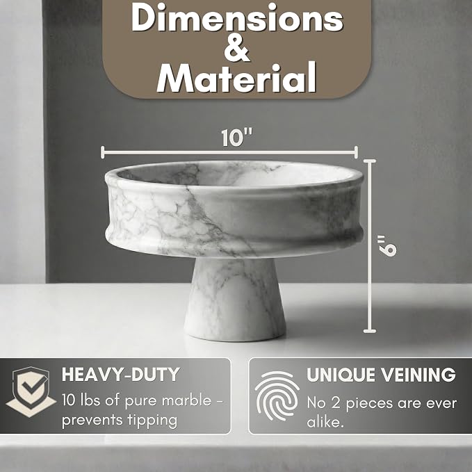 Marble Fruit Bowl for Kitchen Counter, 10" Handcrafted Natural Stone Decorative Bowl, Catch-All Key Dish, Dining Table Centerpiece, Pedestal Bowl, & Housewarming Gift (White Marble)