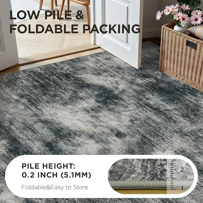 Joydeco 6x9 Area Rugs for Living Room, Non-Slip Modern Abstract Soft Washable Rug, Low Pile Carpet for Bedroom, Dining Room, Home Office, Pet & Child Friendly, Light Gray & White & Dark Gray