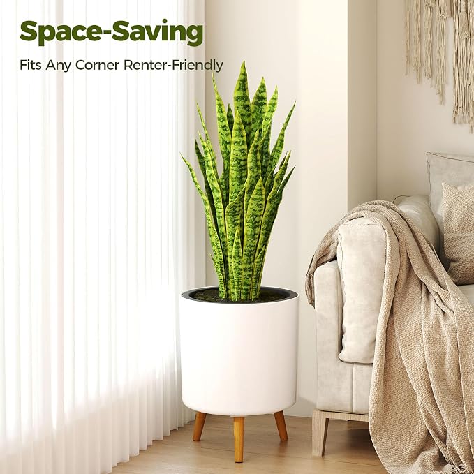 Bamworld Self Watering Pots for Indoor Plants with Water Level Indicator 12 inch Plant Pot Plastic Planter with Wooden Stand for Outdoor Plants Modern Décor for Porch Patio White Large