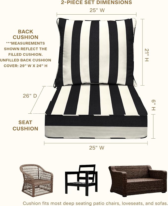 Honeycomb Outdoor Heritage Deep Seat, 25 x 26, Cabana Stripe Black & Ivory Chair Cushion with Removable Cover, for Patio Furniture