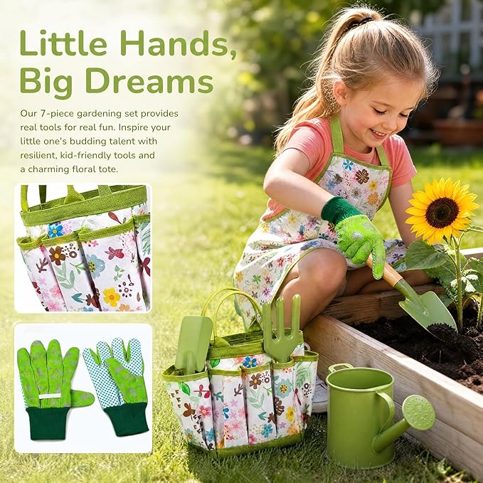 Kids Gardening Set, Gardening Tools Kit for Kids Toddler, Includes Tote Bag, Apron, Gloves, Watering Can, Shovel, Rake, Garden Tool Set Outdoor Toys Gifts for Boys Girls (Green Flower)