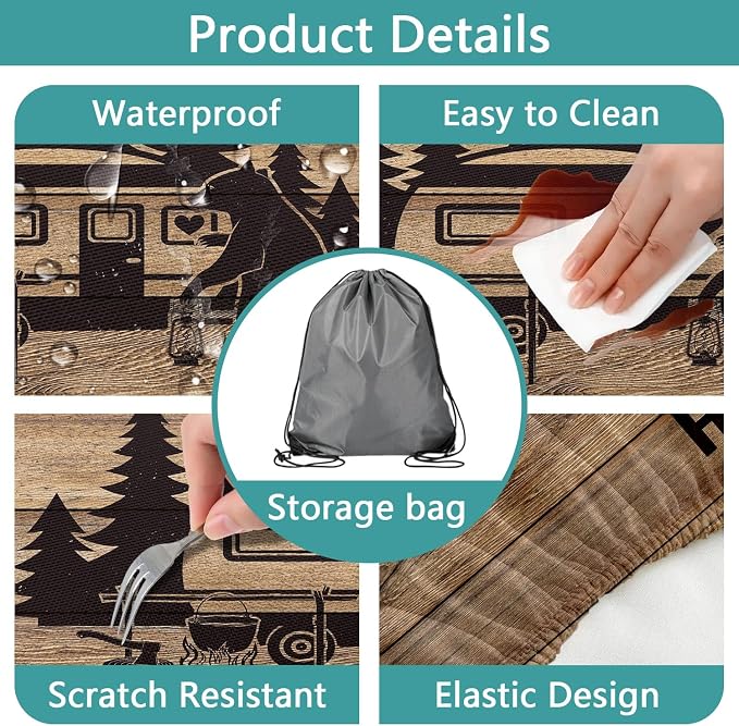 Picnic Table Cover with Bench Covers, Waterproof Windproof Fitted Outdoor Tablecloth with Elastic Rectangle Table Camping Must Haves Rv Accessories, 60in, Brown Wooden