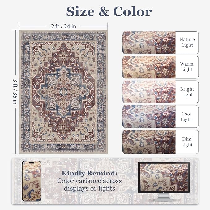 Maroon Blue 2x3 Entryway Rug, Modern Vintage Washable Kitchen Rugs Non Slip, Ultra Thin Medallion Door Mat Indoor Entrance Back Front Door, Small Rug for Inside Entry/Foyer/Bathroom/Bedside