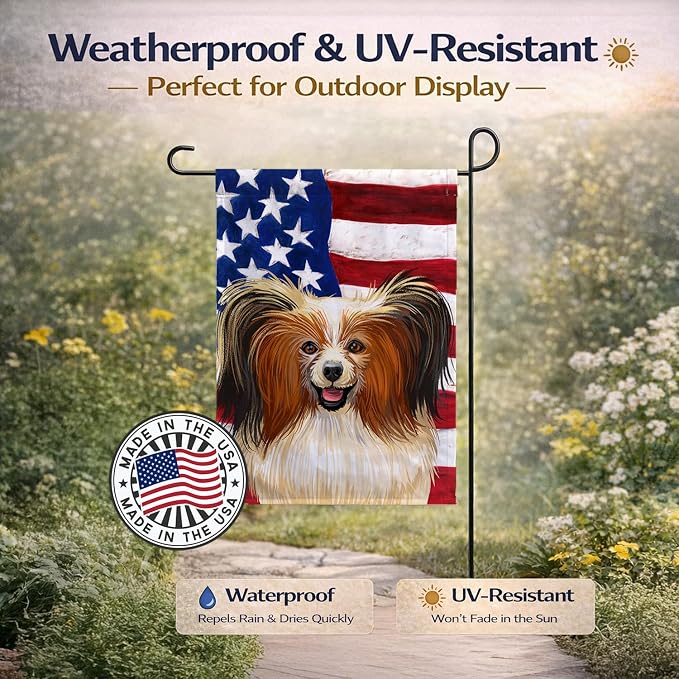 Caroline's Treasures CK6642GF Phalene Dog American Flag Garden Flag Mailbox Flag Decorative Yard Flag Banner Outside Patio Artwork Yard Flower Beds, Garden Size, Multicolor