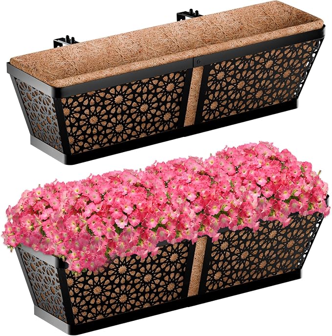 ZeeDix Railing Planter Boxes, 24 Inch Window Flower Box Planters with Coco Liner & Adjustable Brackets for Deck Porch Fence Patio Balcony Gardening Outdoor Plants (2 Pack)