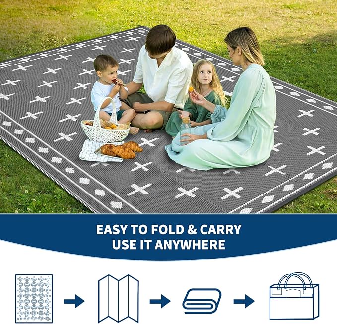 Outdoor Patio Rug 9x18 Waterproof Outside Area Rugs Modern Reversible Plastic Straw Carpet for RV Deck Camping Entryance Porch Picnic Balcony Beach，Grey/White