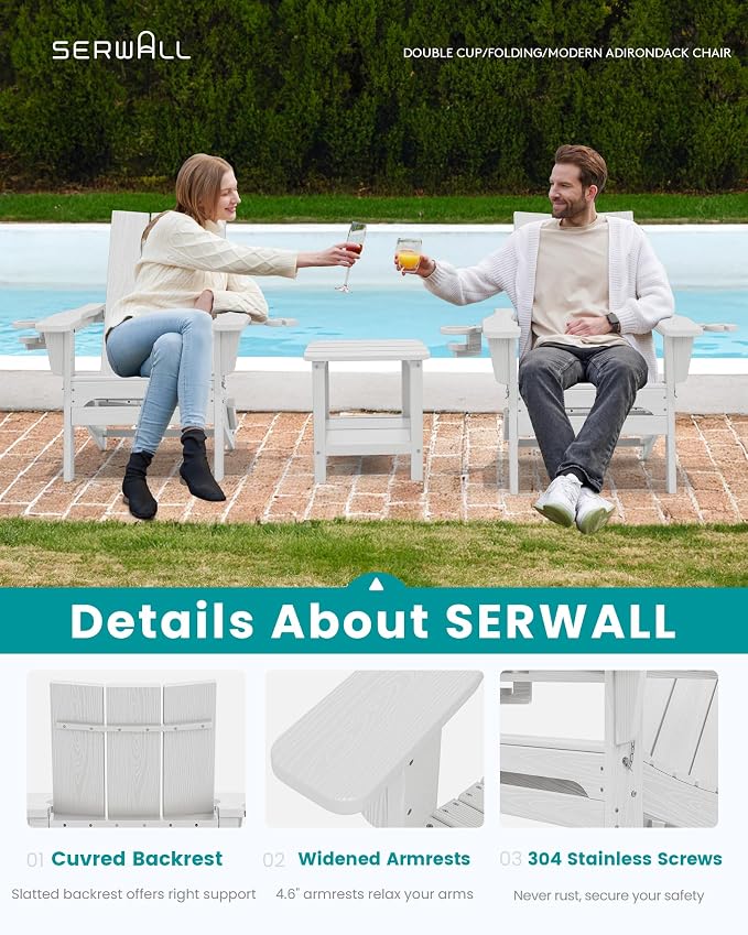 SERWALL Modern Folding Adirondack Chair Set of 6, Weather Resistant HDPE Outdoor Adirondack Chair with Cup Holders, Fire Pit Chairs for Patio Lawn Garden, White