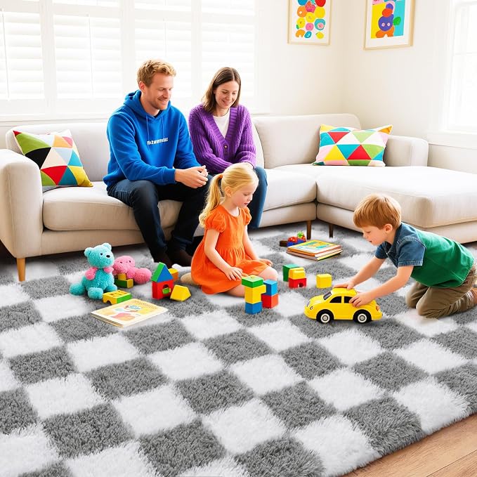 Checkered Rug for Living Room 6x9, Ultra Fluffy Fuzzy Shag Large Area Rug for Bedroom, Modern Plush Soft Upgrade Non-Slip Carpet for Kids Girls and Boys Room Dorm Home Decor, White and Grey