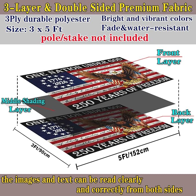 3 Ply 250 Year American Anniversary Flag 3x5 Double Sided 250 Merchandise Decorations 250th Anniversary USA Flag 4th of July We The People 1776 Patriotic American Flags for Outside Banner